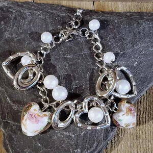Vintage Murano Glass Beads White Silver Charm Bracelet Style G
